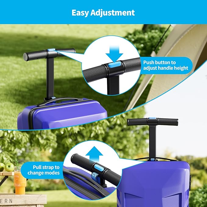 TABU 21" 3-D Hardshell Scooter Suitcase for Kid & Adult, Foldable Carry-on Scooter Luggage with Telescopic Handle, Multifunctional Ride On Lightweight Luggage for Age 4-15, Dark Blue