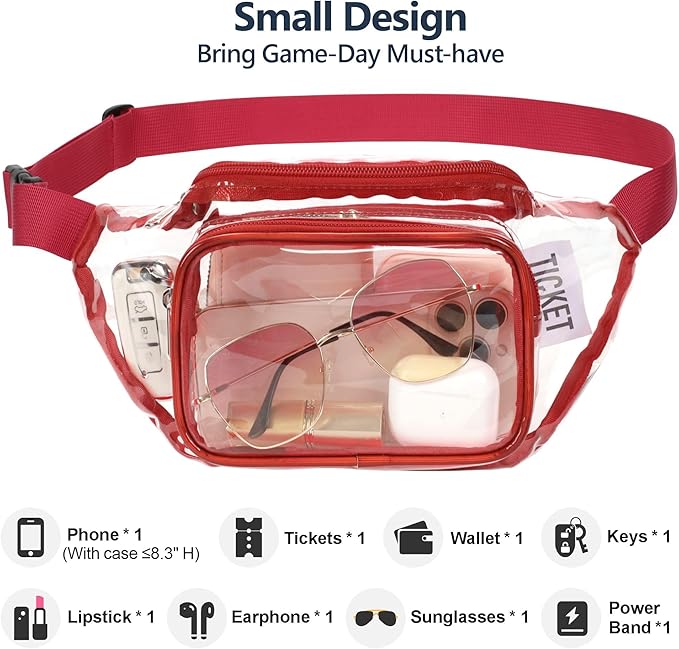 Veckle Clear Fanny Pack Stadium Approved - Adjustable 33-47 Inch Strap, Transparent Belt Bag for Women Men Fits 7.5-inch Smartphone, Waist Bag Clear Bag for Stadium Events, Sport, Concerts, Red