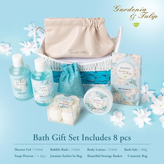 Mothers Day Gifts for Women, Bath & Body Gift Basket, Gardenia Tulip Gifts for Mom Spa Gift Set for Women, Self-Care Relaxation Gift, Home Spa Kit Mini Bag Wallet, Birthday, Christmas, Anniversary