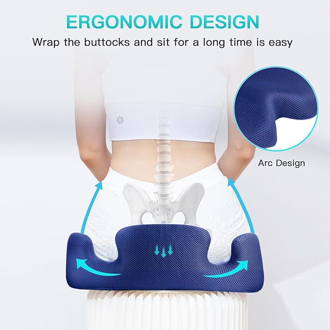 Benazcap X Large Memory Seat Cushion for Office Chair Sciatica & Back Pain Relief Memory Foam Firm Coccyx Pad for Car, Wheelchair, Gaming Chair and Desk Chair, Blue