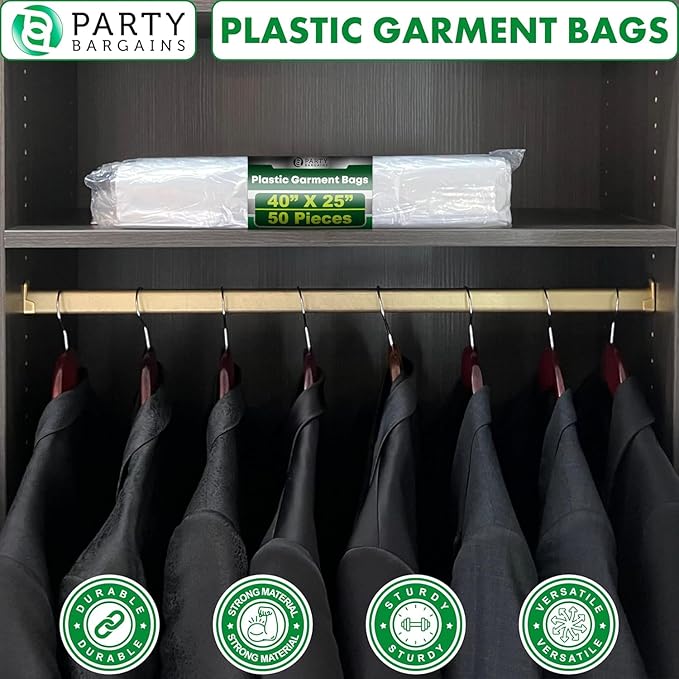 PARTY BARGAINS 40 x 25 Inch Disposable Clear Garment Bags, 100 Pack – Heavy-Duty Plastic Clothes Covers for Suits Dresses Coats, Closet & Travel