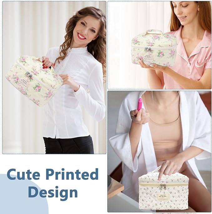 Gosect Large Travel Quilted Makeup Bag for Women,Big Floral Cotton Cosmetic Bag, Cute Coquette Aesthetic Floral Toiletry Organizer Bag (Pink pattern)