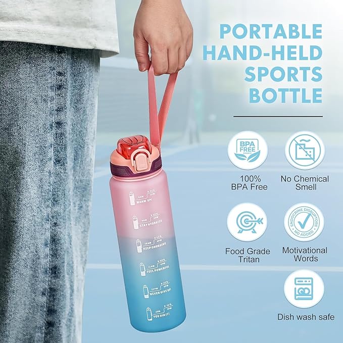 Water Bottle with Straw 1L,Boys Water Bottles with Straw 1 Litre,Waterbottle Leak-Proof Sports Water Bottle,Plastic Drinks Bottles Toxin Free，Bpa-Free (Pink Blue)