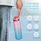 Water Bottle with Straw 1L,Boys Water Bottles with Straw 1 Litre,Waterbottle Leak-Proof Sports Water Bottle,Plastic Drinks Bottles Toxin Free，Bpa-Free (Pink Blue)