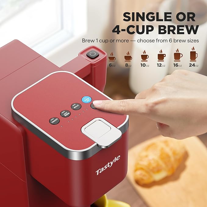 Tastyle Single Serve Coffee Maker with Built-in Detachable Milk Frother, Iced and Hot Coffee Machine for K Cup & Grounds, 40oz Removable Water Reservoir, 6 Cup Sizes, Fits 7.3" Travel Mug, Red