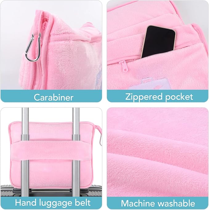 SINLAND Travel Pillow and Blanket 2-in-1 Set,Airplane Packable Bag,Soft and Lightweight Plane Flight Car Trips Travel Essentials Gift,Hand Luggage Sleeve and Backpack Clip,60x50 Inch Pink