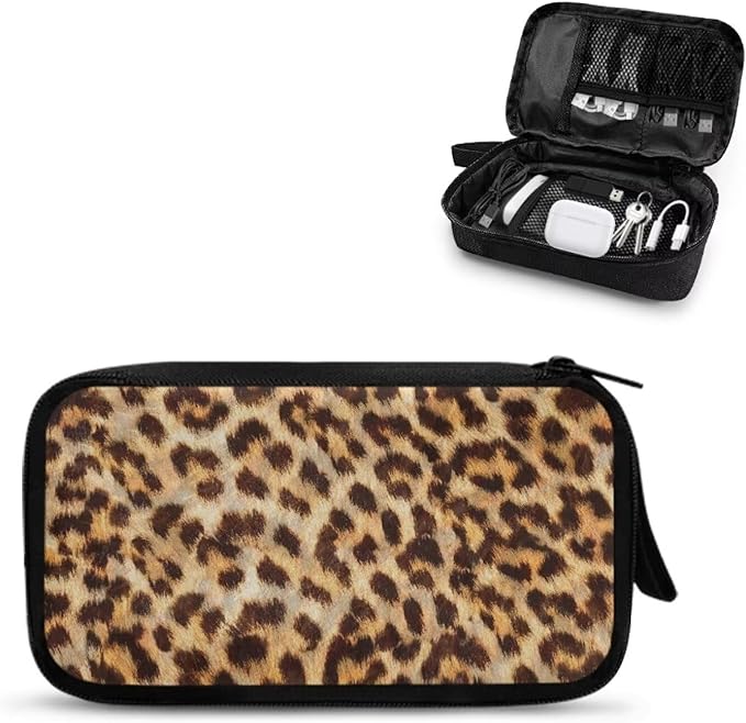 Leopard Print Electronics Case, Mini Cable Organizer Bag for Essentials, Tech Accessory with Cord Organizer for Phone, Power Bank, SD Card