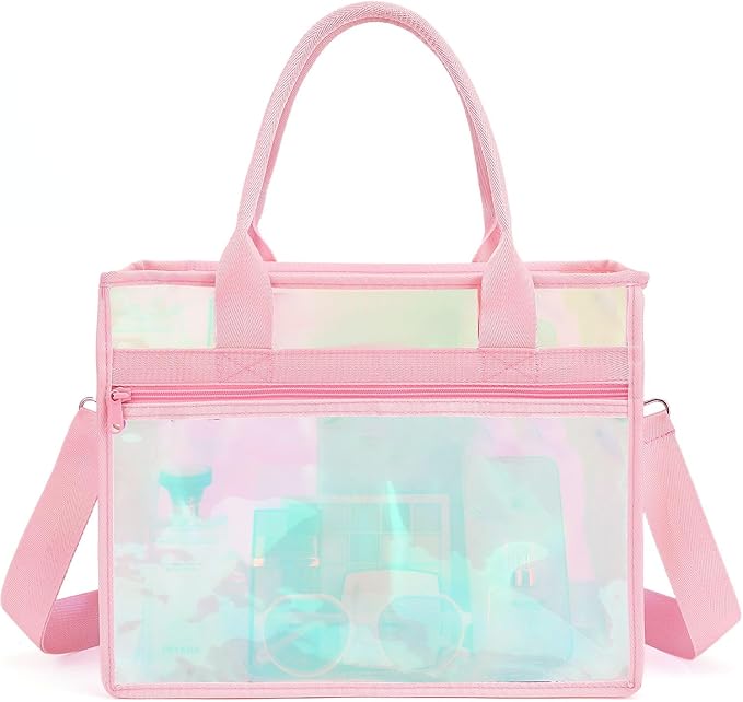 Fammart Iridescent Clear Beach Bag for Women, Jelly Tote Bag Waterproof Sandproof Pool Bag Cruise Vacation Essentials