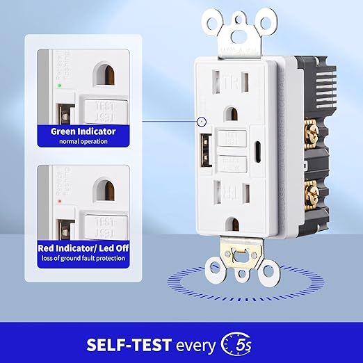 15 Amp Self-Test GFCI Outlet Combination with USB Type A and Type-C, Tamper Resistant Thinner Duplex Outlet, in-Wall, USB Charger for Smartphones, Tablets, Black, 2-Pack