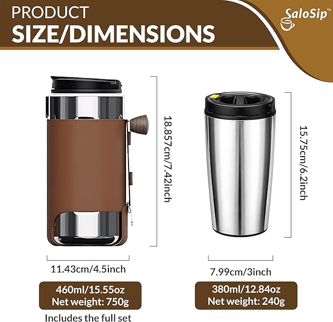 4-in-1 Portable Manual Pour Over Coffee Maker with Grinder – Travel & Camping Pour Over Set – All-in-One Portable Coffee Brewer Kit with Stainless Steel Kettle, Thermal Mug & Dripper