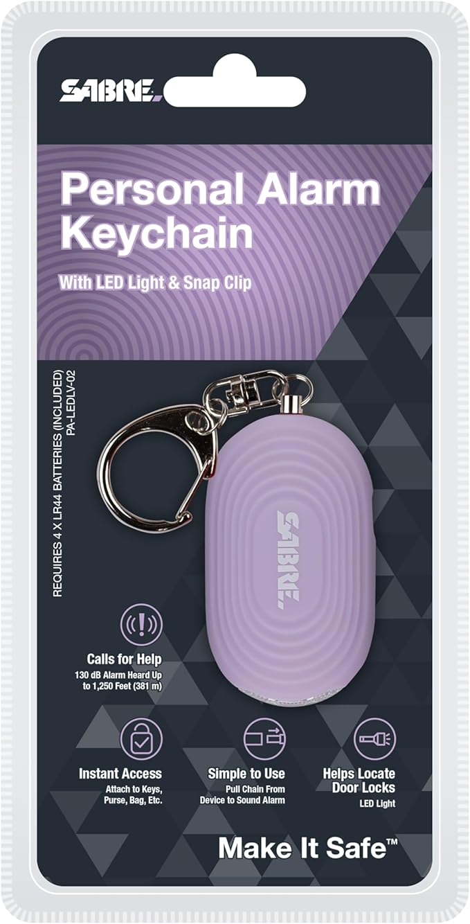 SABRE 2-in-1 Personal Alarm with LED Light, 130dB Personal Safety Siren, Snap Hook for Instant Access, 1,250 Foot (381 Meters) Range, Compact Design for Easy Attachment to Purse, Bag, or Keys