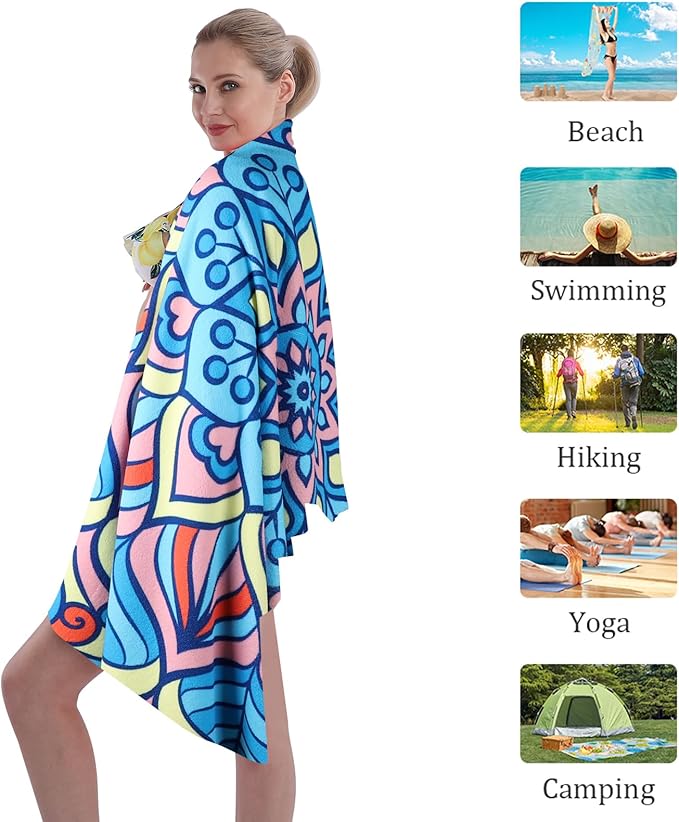Beach Towel Microfiber 60"x30" Lightweight Sand Free Quicy Dry Blue Mandala Travel Towels Swim Pool Yoga Gym Camping for Women Men Girls Kids Beach Essentials Accessories Vacation Gift
