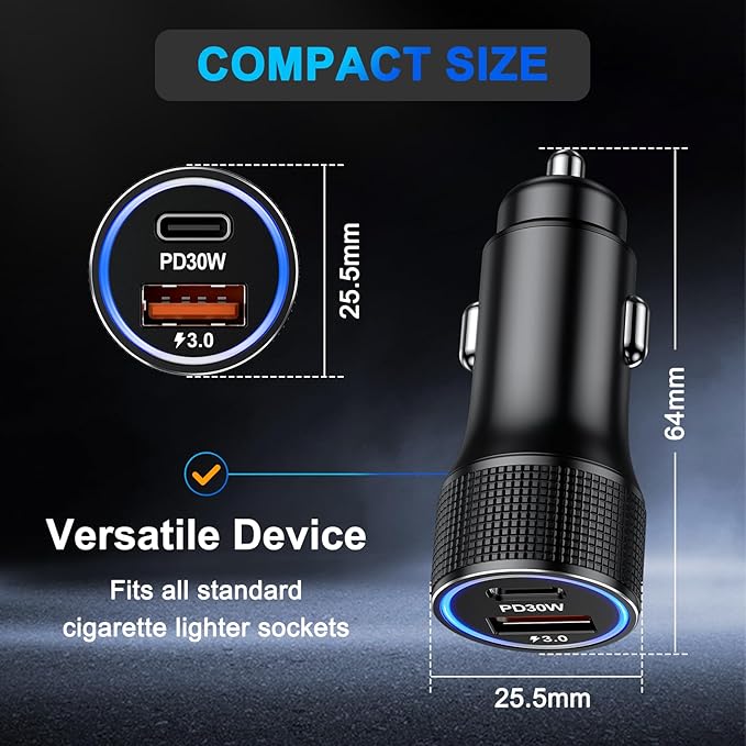 Penemay Car Charger USB C Car Phone Charger, Multi Port Cigarette Lighter Car Adapter for iPhone 17 16 15 Pro Max/14/13/12/11