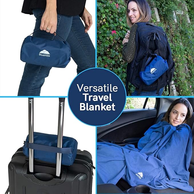 BlueHills Premium Soft Ultra Compact Travel Blanket Value Pack Set of 2 - Airplane Traveling Essentials Flight Blanket Throw in a Portable case Plane Travel Gift - Pink and Navy Blue