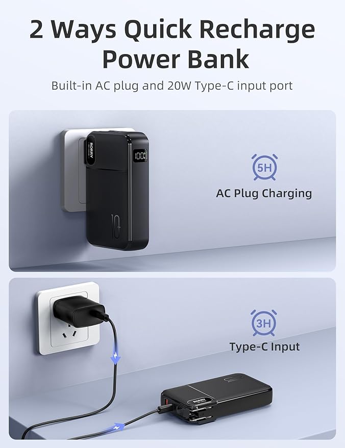 RORRY Portable Charger Built in Cables, AC Wall Plug In Portable Charger Power Bank 10000mAh Travel Battery Pack 22.5W Fast Charging for iPhone 17/16/15 Samsung Galaxy S25/S24/S23 Pixel LG iPad, Black