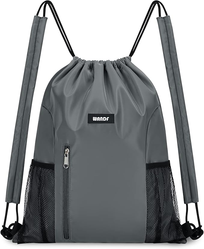 WANDF Drawstring Backpack with Shoulder Pad Sports Gym Backpack with Mesh Pocket String Bag for Women Men(Grey)