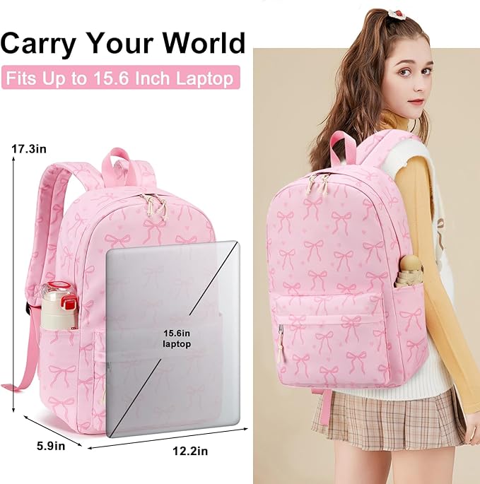 LOIDOU Backpack for Girls School Backpacks Bookbags for Elementary Middle School Women Laptop Backpacks (Bow Tie Pink, L-17)