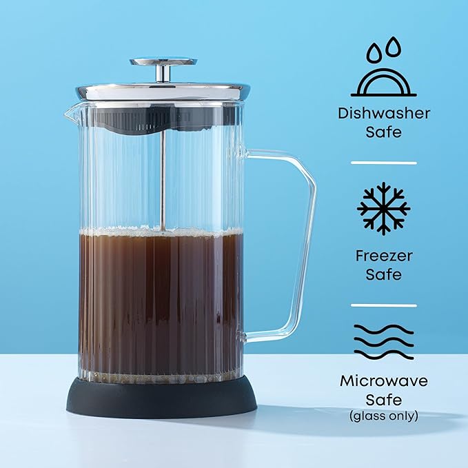 JoyJolt Fluted French Press Coffee and Tea Maker Set, 33.8oz Stainless Steel Press, Borosilicate Glass Coffee Press, Cold Brew Portable French Press, Tea Press, Large, clear