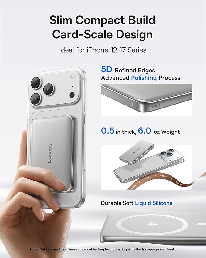 Baseus Picogo Power Bank, 0.5" Ultra Slim 10000mAh MagSafe Portable Charger, Upgraded CCC Certified 27W Fast Charging Magnetic Battery Pack, Alloy Wireless Charger for iPhone 17/16/15/14/13/12