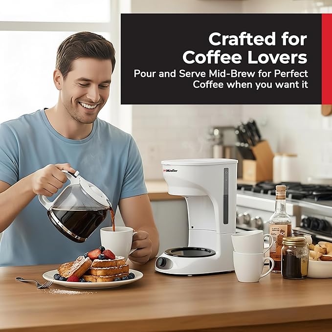 MUELLER HOME 12-Cup White Coffee Maker - Borosilicate Carafe, Auto-Off, Reusable Filter, Anti-Drip, Keep-Warm Function, Clear Water Level Window, White Kitchen Accessories