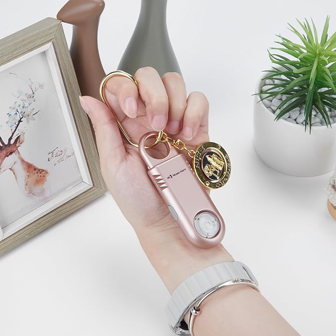 135dB Rechargeable Personal Safety Alarm Built-in Ultra-Bright Flashlight Non Slip Grip Keychain Emergency SOS Siren for Women, Students, Night Runner. Loud Sound Hiking Bear Alerts Hook. Rose Gold