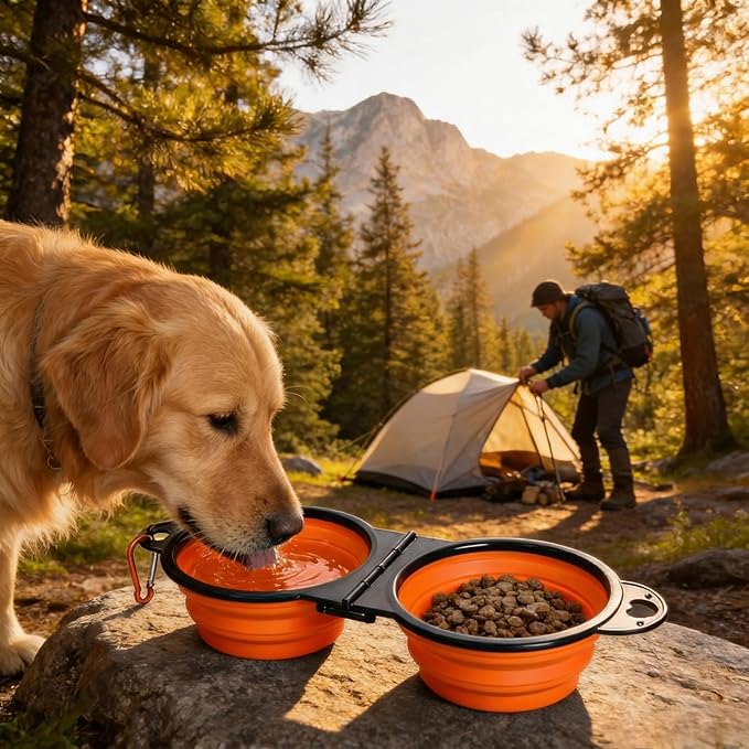 Collapsible Dog Bowls with Carabiner, Double Portable Travel Pet Bowls for Food and Water, Foldable Silicone Dog Bowl for Walking, Hiking, Camping, Small Medium Dogs and Cats,Orange