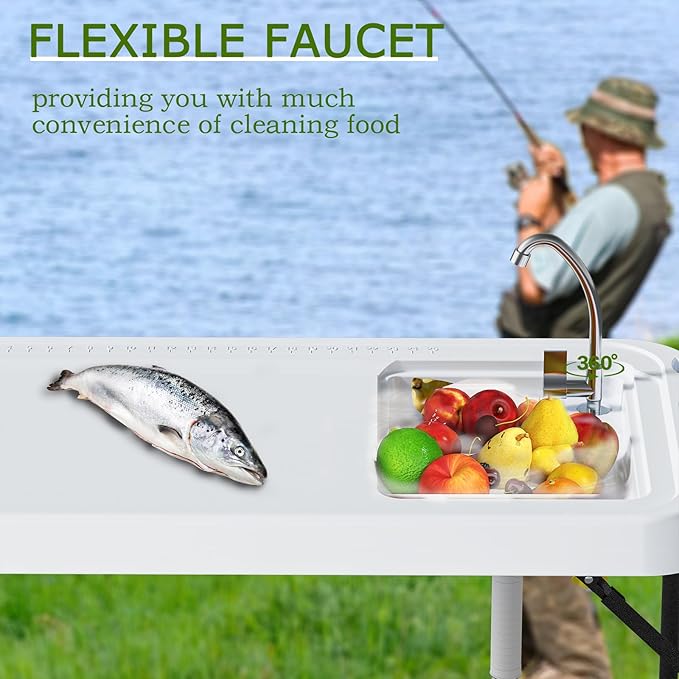 Folding Fish Cleaning Table with Sink, Portable Camping Sink Table with Measure Mark, Drainage Hose and Knife Groove, Outdoor Fish Fillet Cleaning Station for Picnic Fishing, White