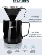 AGOGO Pour Over Coffee Maker Set - Unbreakable 304 Stainless Steel V60 Dripper & Server for Camping & Party, Includes 50 Paper Filters & Barista Towel - Black - 30oz