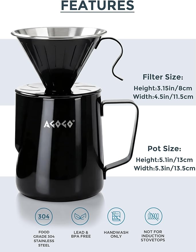AGOGO Pour Over Coffee Maker Set - Unbreakable 304 Stainless Steel V60 Dripper & Server for Camping & Party, Includes 50 Paper Filters & Barista Towel - Black - 30oz