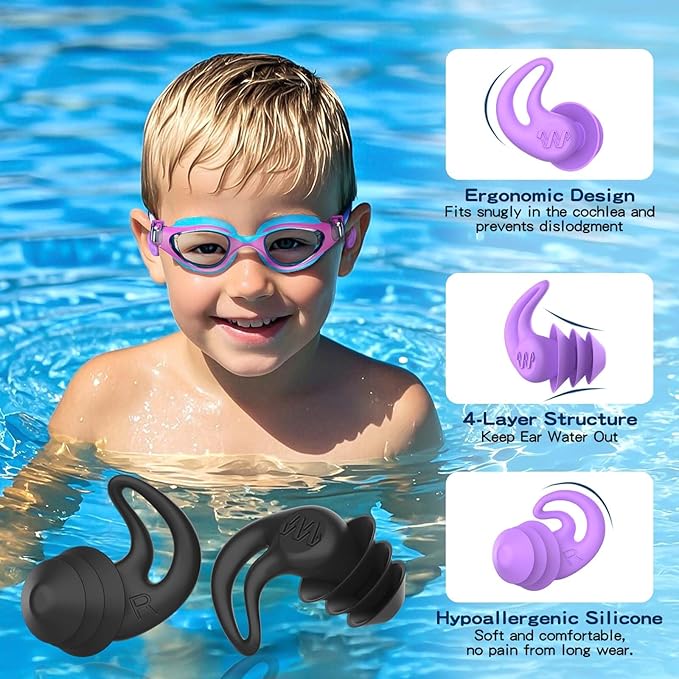 Waterproof Ear Plugs for Swimming Kids - 4 Pairs Reusable Silicone Swimming Ear Plugs for Children Ages 4-14, Keep Ear Water Out, Surfing, Bathing, Water Sports
