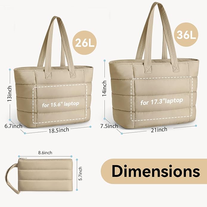 Puffer Tote Bag with Pouch,Women's Lightweight Quilted Shoulder Bag,15.6"/17.3" Laptop Travel Weekender for Work & Nurses