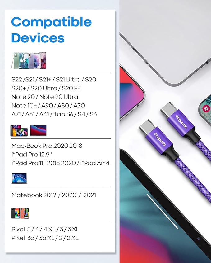 etguuds Purple USB C to USB C Cable 1ft, 2-Pack 60W USBC to USBC Cord, Type C to C Charger Cable Fast Charging for iPhone 17 16 15 Pro Max Plus Air, Samsung Galaxy S25 S24 S23, for MacBook/iPad, Pixel