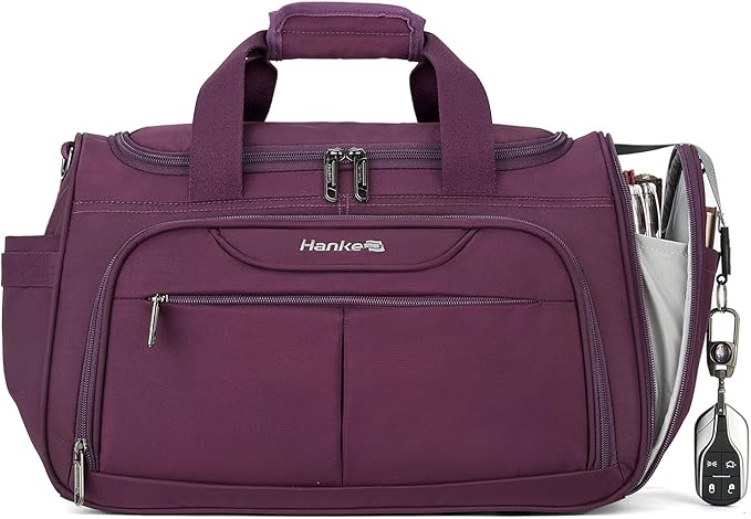 Hanke Small Travel Duffel Bag, Under Seat Carry On Personal Item Bag with 11 Pockets, Lightweight Water Resistant Foldable Weekender Bag with Trolley Sleeve for Travel Gym Daily Use（Purple）