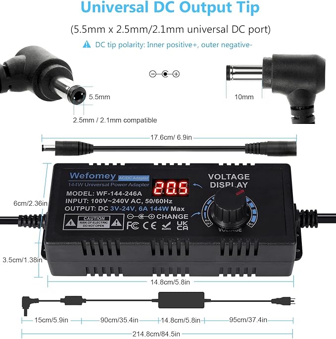 Universal Power Supply 3V~24V 6A 144W Adjustable Variable 3V 5V 9V 12V 18V 20V 24V AC/DC Adapter Charger, 100V-240V AC to DC Converter with 14 Tips, Polarity Converter and 4-Way Power Splitter Cable