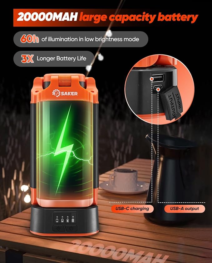 Saker Portable Camping Light with Stand 73inch 20000mAh Rechargeable LED Work Lights 3200 Lumen 4000/6500K Emergency Lights for Camping, Garage, Outdoor Work, Power Outages, Fishing LD18