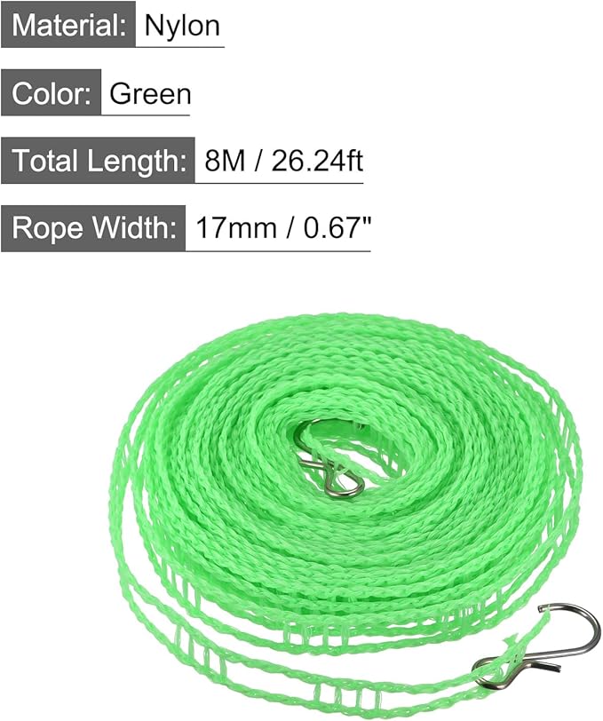 uxcell Portable Clothesline, 26.24ft Nylon Windproof Non-Slip Washing Line Rope for Courtyard Outdoor Travel Camping Laundry Drying, Green
