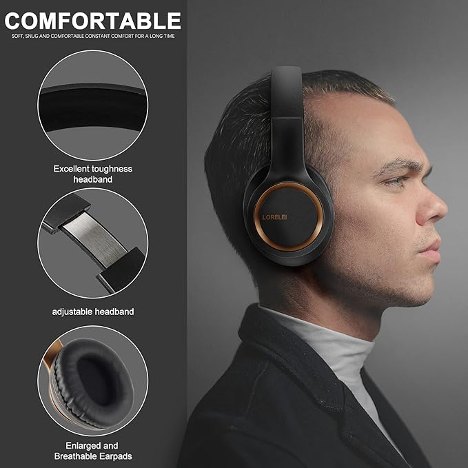 Lorelei X8 Over-Ear Wired Headphones with Microphone with 1.45m-Tangle-Free Nylon Line&3.5mm Plug,Lightweight Foldable & Portable Headphones for Smartphone,Tablet,Computer,Mp3/4(Black-Gold)