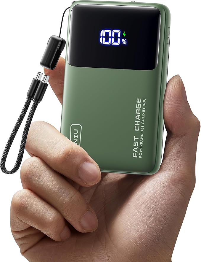INIU Ultra Compact Portable Charger, 10000mAh 45W Fast Charging Power Bank with Detachable USB-C Cable & Stand, Flight-Safe Travel Battery Pack for Business Trip, Hiking, Cycling, Outdoor, Green