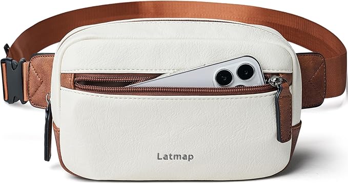 LATMAP 2L Fanny Packs Everywhere Belt Bag Small Fashion Crossbody Waist Pack Faux Leather Waterproof Sling Chest Bag For Women Trendy Beige