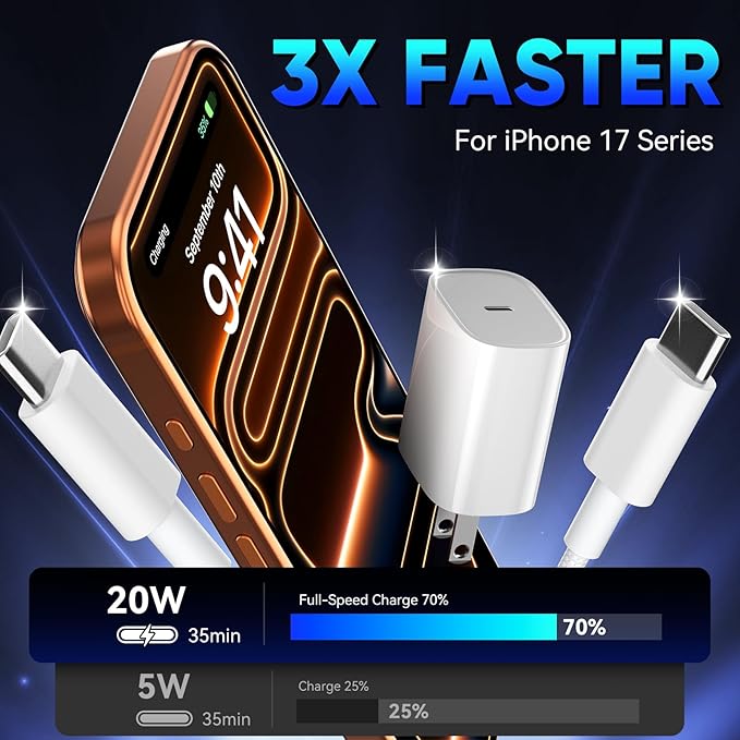 Phone 17 16 15 Pro Charger Fast Charging, 20W USB C Fast Charger Block with 10FT Long Type C Chargers Fast Charging Cable Cord for Phone 17/17 Pro/17 Pro Max/Air/16 Pro Max/16 Pro/15Pro-Braided