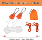 Retractable Clothesline Outdoor Indoor, Portable Travel Clothes Line Heavy Duty Ratchet Pulley with Carabiners, 19FT Laundry Drying Lines for Camping, Cruise, Backyard, Balcony, Dormitory