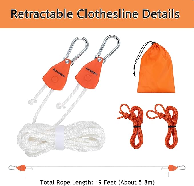 Retractable Clothesline Outdoor Indoor, Portable Travel Clothes Line Heavy Duty Ratchet Pulley with Carabiners, 19FT Laundry Drying Lines for Camping, Cruise, Backyard, Balcony, Dormitory