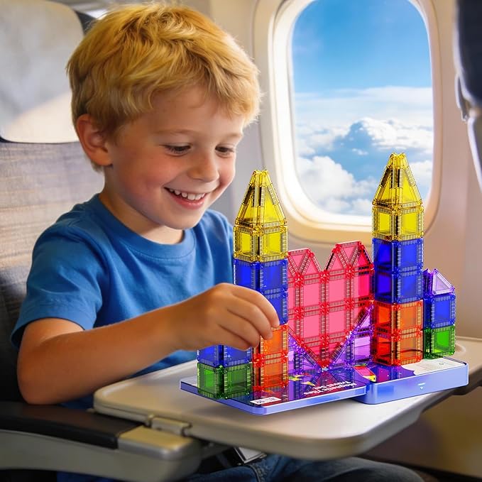 Mini Magnetic Tiles Travel Kit for Kids Ages 3-8, 60pcs Portable Magnetic Building Blocks with Visual Storage Guide & Metal Play Base, STEM Sensory Toys for Preschool Learning