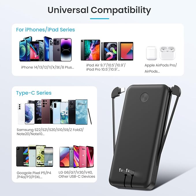 Portable Charger for iPhone with Built in Cables & Wall Plug,10800mah Travel Essentials Power Bank,4 Output LCD Display External Battery Pack Phone Charger for iPhone 17/16/15/14,Galaxy,Android etc