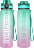 Sahara Sailor Water Bottle, 32/25/17oz Durable and Leakproof Water Bottles Motivational with Time Marker, Tritan, BPA Free, Wide Mouth with Easy Clean Brush for Gym, Travel, School, Office (1 Bottle)