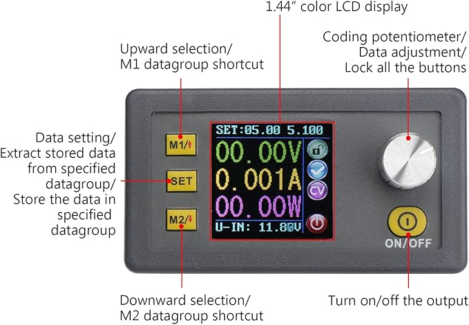 DROK DC Buck Converter Adjustable Color LCD Display, 6-55V to 0-50V 5A Step Down Converter Voltage Regulator Power Supply