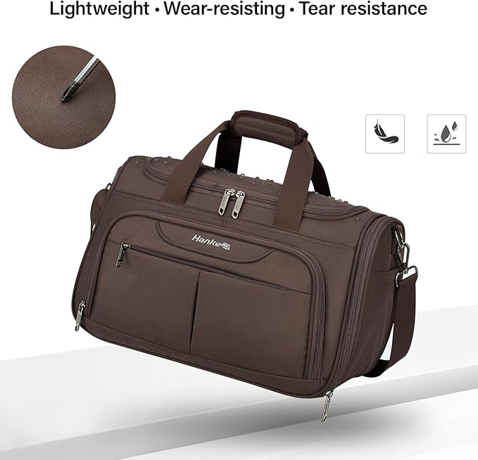 Hanke Small Travel Duffel Bag, Under Seat Carry On Personal Item Bag with 11 Pockets, Lightweight Water Resistant Foldable Weekender Bag with Trolley Sleeve for Travel Gym Daily Use（Coffee）