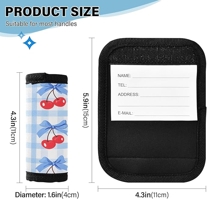 Cherry Blue Bow Grid Luggage Handle Wrap for Suitcase Luggage Tags Handle Covers Identifiers Soft Decorations Travel Accessories 2 Pack