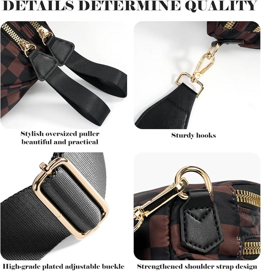 Black and White Checkered Crossbody Bag Bum Bag for Women,Spacious Checkered Purse Fanny Packs Belt Bag