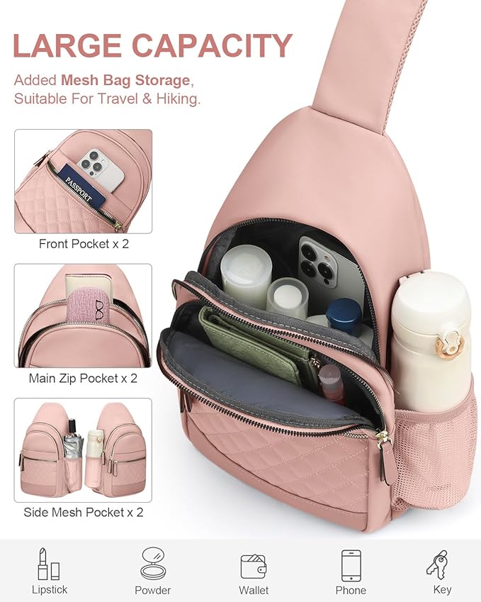 Capolo Sling Bag for Women Men Waterproof Crossbody Bags for Women Trendy Casual Fanny Pack with Convertible Shoulder Strap Chest Bag for Travel Hiking(Pink, Large)